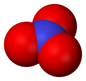 Ione nitrato in raffigurazione van der Waals - Dominio pubblico - Fonte: Wikipedia https://it.wikipedia.org/wiki/Nitrato#/media/File:Nitrate-3D-vdW.png